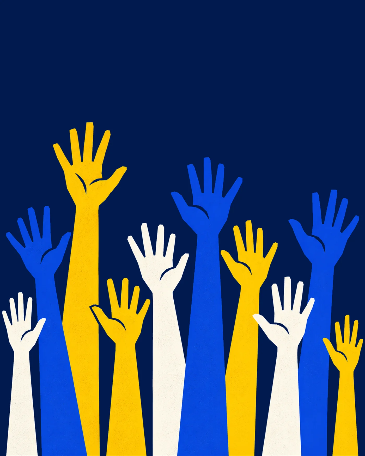Ilustração em estilo cartaz: braços e mãos erguidos em amarelo, azul e branco sobre fundo azul-marinho.